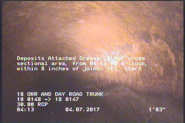 Deposits Attached Grease, 5 %of cross sectional area, from 04 to 08 o'clock, , within 8 inches of joint: YES, Start