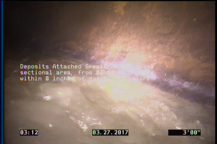 Deposits Attached Grease, 5 %of cross sectional area, from 04 to 08 o'clock, , within 8 inches of joint: YES, Start