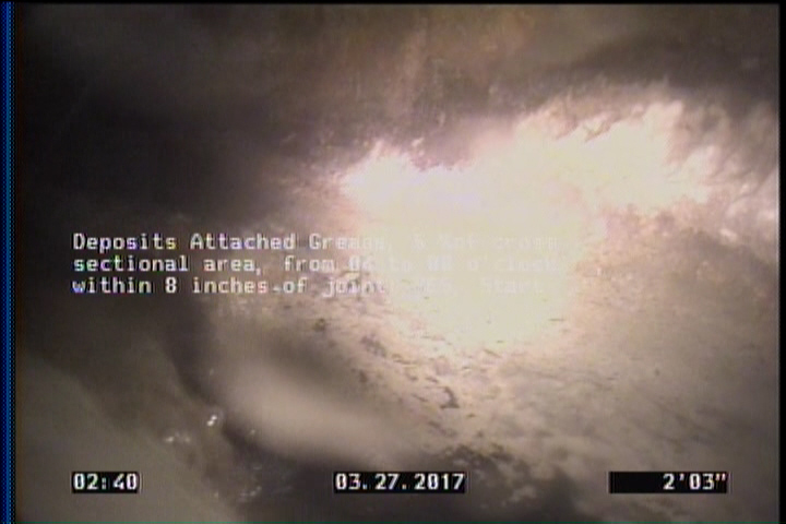 Deposits Attached Grease, 5 %of cross sectional area, from 04 to 08 o'clock, , within 8 inches of joint: YES, Start