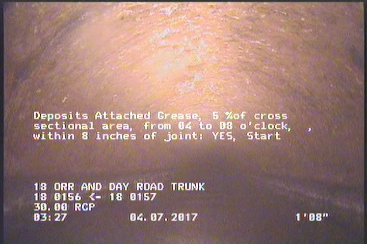 Deposits Attached Grease, 5 %of cross sectional area, from 04 to 08 o'clock, , within 8 inches of joint: YES, Start