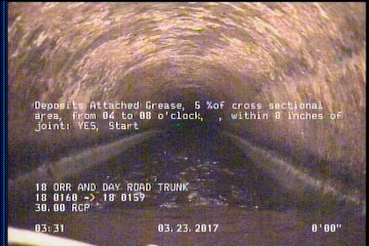Deposits Attached Grease, 5 %of cross sectional area, from 04 to 08 o'clock, , within 8 inches of joint: YES, Start