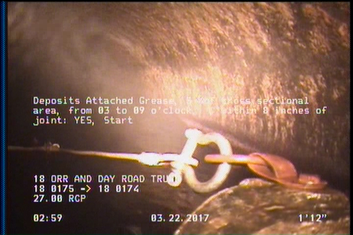 Deposits Attached Grease, 5 %of cross sectional area, from 03 to 09 o'clock, , within 8 inches of joint: YES, Start