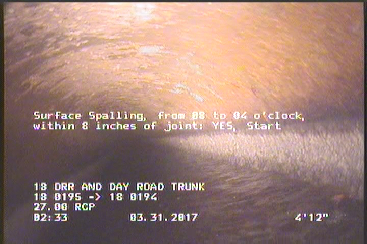 Surface Spalling, from 08 to 04 o'clock, within 8 inches of joint: YES, Start