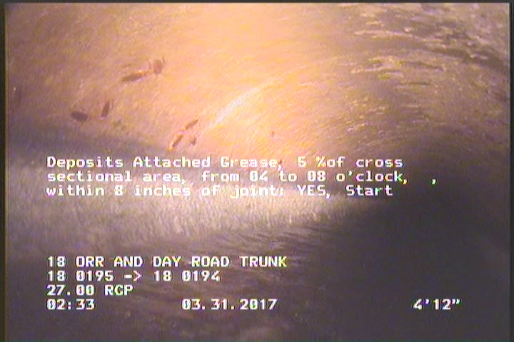 Deposits Attached Grease, 5 %of cross sectional area, from 04 to 08 o'clock, , within 8 inches of joint: YES, Start
