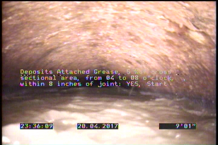 Deposits Attached Grease, 5 %of cross sectional area, from 04 to 08 o'clock, , within 8 inches of joint: YES, Start