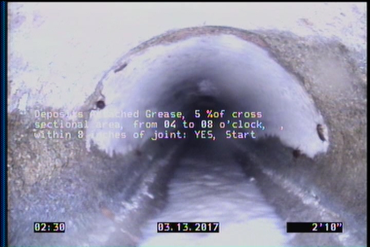 Deposits Attached Grease, 5 %of cross sectional area, from 04 to 08 o'clock, , within 8 inches of joint: YES, Start