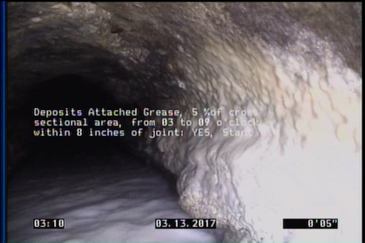 Deposits Attached Grease, 5 %of cross sectional area, from 03 to 09 o'clock, , within 8 inches of joint: YES, Start
