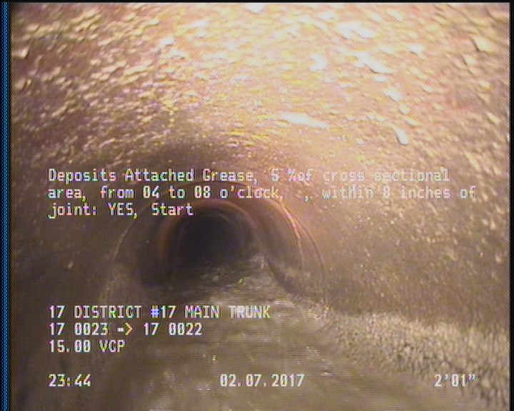 Deposits Attached Grease, 5 %of cross sectional area, from 04 to 08 o'clock, , within 8 inches of joint: YES, Start