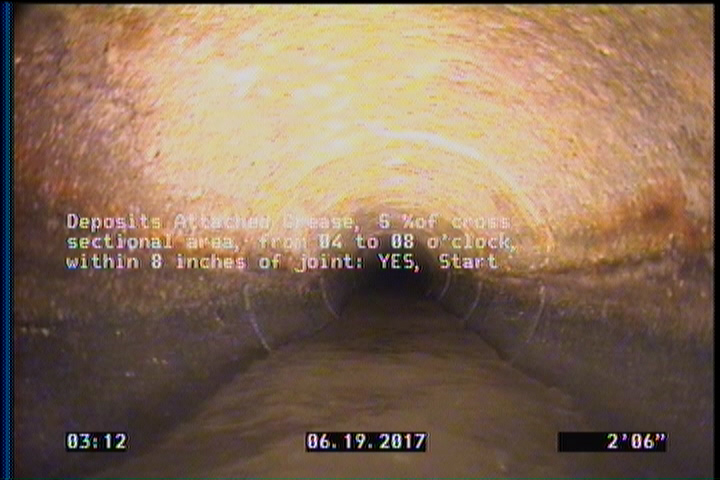 Deposits Attached Grease, 5 %of cross sectional area, from 04 to 08 o'clock, , within 8 inches of joint: YES, Start