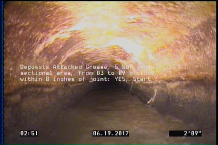 Deposits Attached Grease, 5 %of cross sectional area, from 03 to 09 o'clock, , within 8 inches of joint: YES, Start