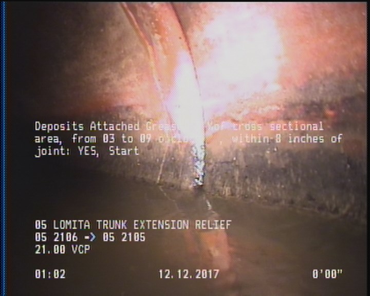 Deposits Attached Grease, 5 %of cross sectional area, from 03 to 09 o'clock, , within 8 inches of joint: YES, Start