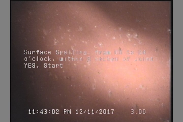 Surface Spalling, from 08 to 04 o'clock, within 8 inches of joint: YES, Start