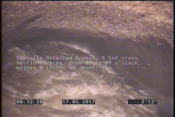 Deposits Attached Grease, 5 %of cross sectional area, from 03 to 09 o'clock, , within 8 inches of joint: YES