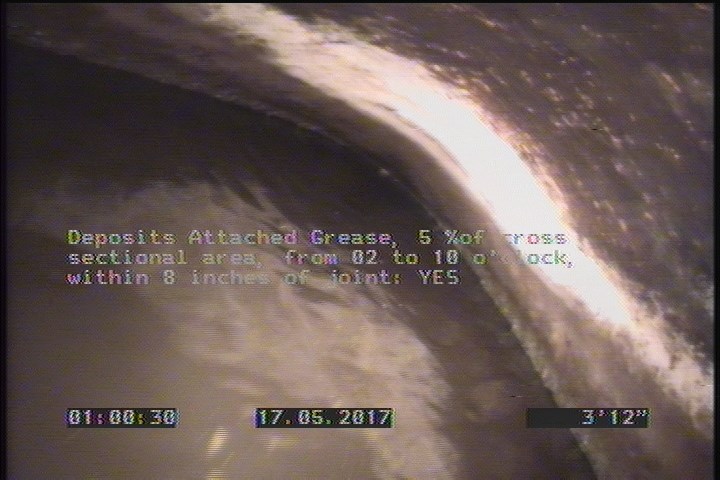 Deposits Attached Grease, 5 %of cross sectional area, from 02 to 10 o'clock, , within 8 inches of joint: YES