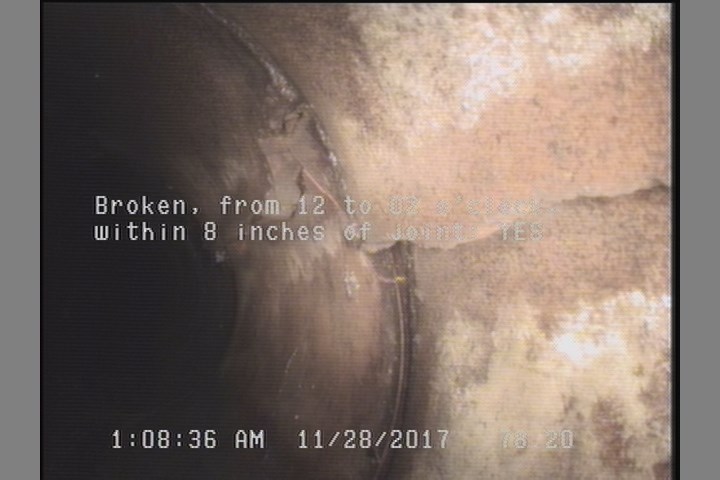 Broken, from 12 to 02 o'clock, within 8 inches of joint: YES