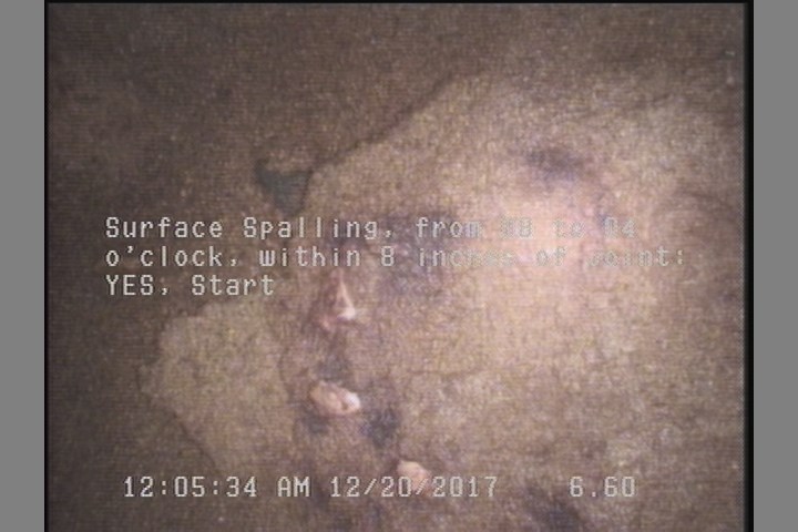 Surface Spalling, from 08 to 04 o'clock, within 8 inches of joint: YES, Start