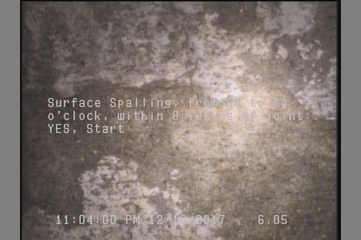 Surface Spalling, from 08 to 04 o'clock, within 8 inches of joint: YES, Start