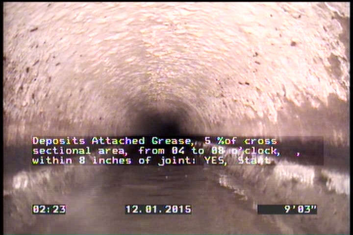 Deposits Attached Grease, 5 %of cross sectional area, from 04 to 08 o'clock, , within 8 inches of joint: YES, Start