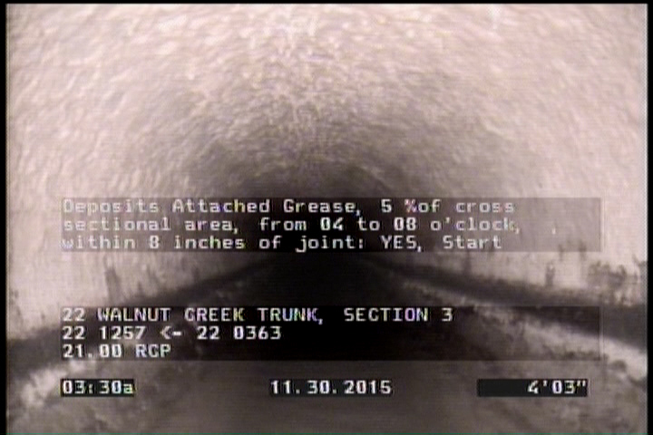 Deposits Attached Grease, 5 %of cross sectional area, from 04 to 08 o'clock, , within 8 inches of joint: YES, Start