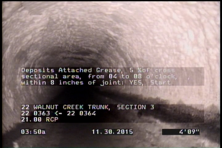 Deposits Attached Grease, 5 %of cross sectional area, from 04 to 08 o'clock, , within 8 inches of joint: YES, Start