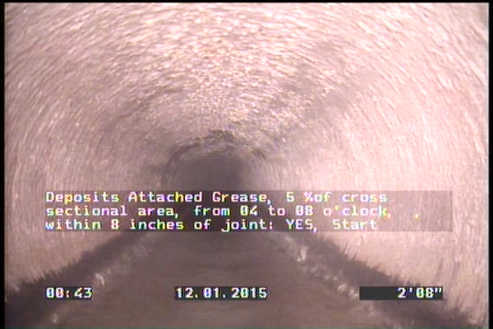 Deposits Attached Grease, 5 %of cross sectional area, from 04 to 08 o'clock, , within 8 inches of joint: YES, Start