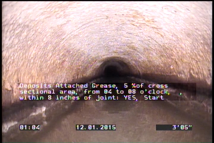 Deposits Attached Grease, 5 %of cross sectional area, from 04 to 08 o'clock, , within 8 inches of joint: YES, Start