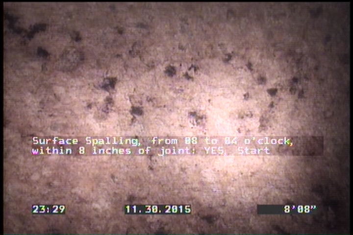 Surface Spalling, from 08 to 04 o'clock, within 8 inches of joint: YES, Start