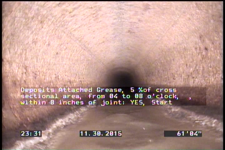 Deposits Attached Grease, 5 %of cross sectional area, from 04 to 08 o'clock, , within 8 inches of joint: YES, Start
