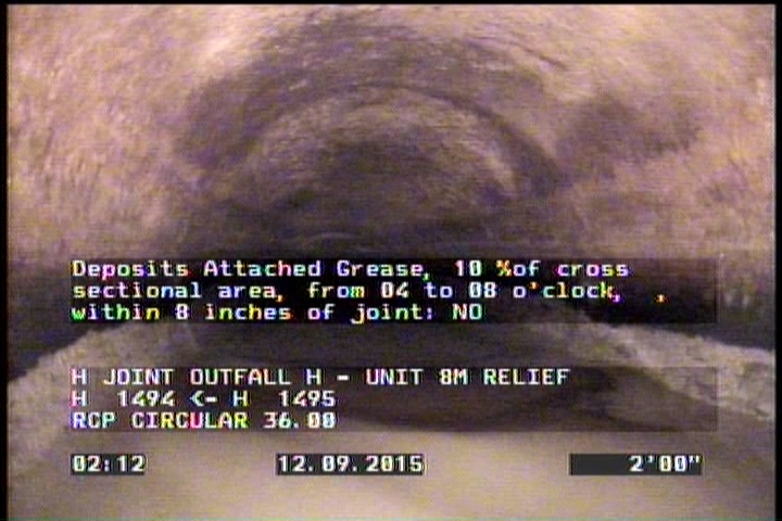 Deposits Attached Grease, 10 %of cross sectional area, from 04 to 08 o'clock, , within 8 inches of joint: NO