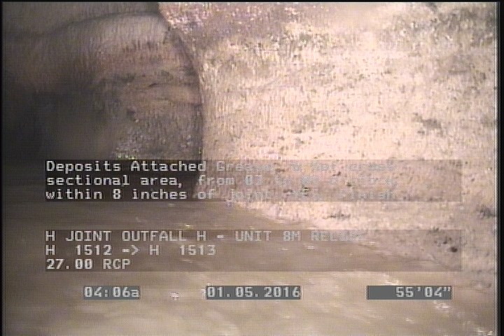 Deposits Attached Grease, 5 %of cross sectional area, from 03 to 09 o'clock, , within 8 inches of joint: YES, Finish