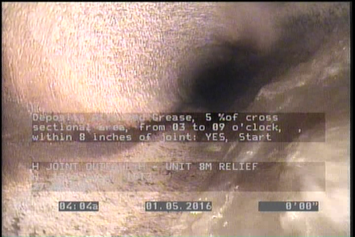 Deposits Attached Grease, 5 %of cross sectional area, from 03 to 09 o'clock, , within 8 inches of joint: YES, Start