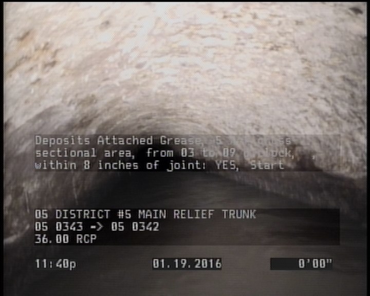 Deposits Attached Grease, 5 %of cross sectional area, from 03 to 09 o'clock, , within 8 inches of joint: YES, Start