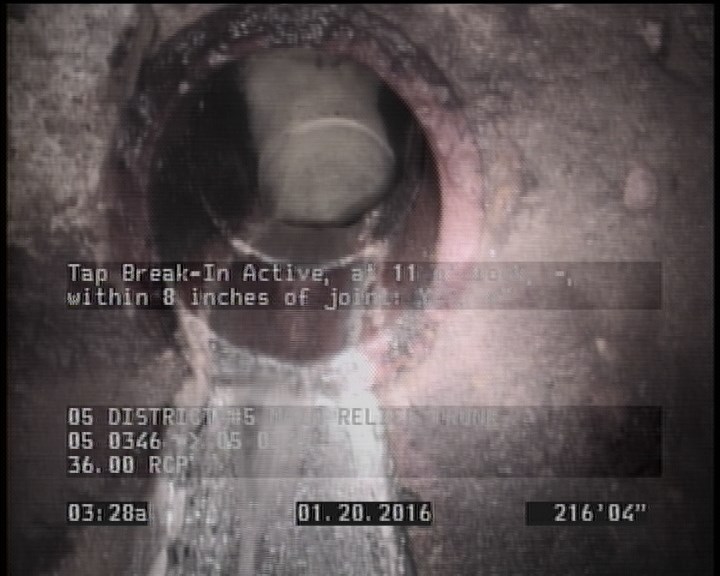 Tap Break-In Active, at 11 o'clock, -, within 8 inches of joint: YES, 6"