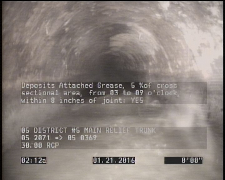 Deposits Attached Grease, 5 %of cross sectional area, from 03 to 09 o'clock, , within 8 inches of joint: YES