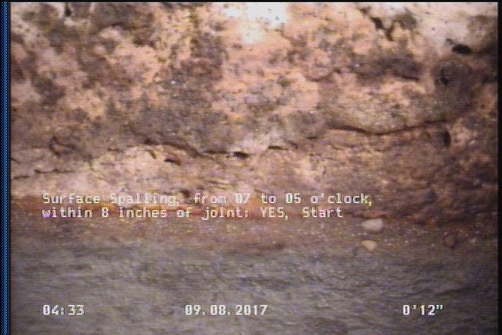 Surface Spalling, from 07 to 05 o'clock, within 8 inches of joint: YES, Start