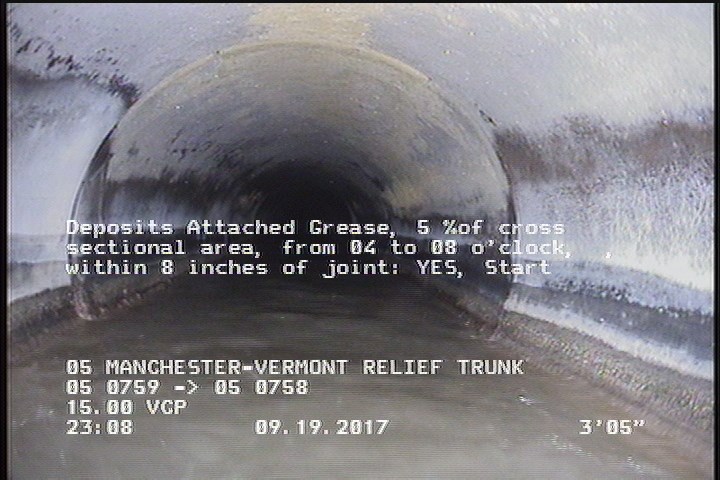 Deposits Attached Grease, 5 %of cross sectional area, from 04 to 08 o'clock, , within 8 inches of joint: YES, Start