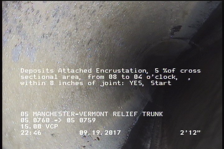 Deposits Attached Encrustation, 5 %of cross sectional area, from 08 to 04 o'clock, , within 8 inches of joint: YES, Start