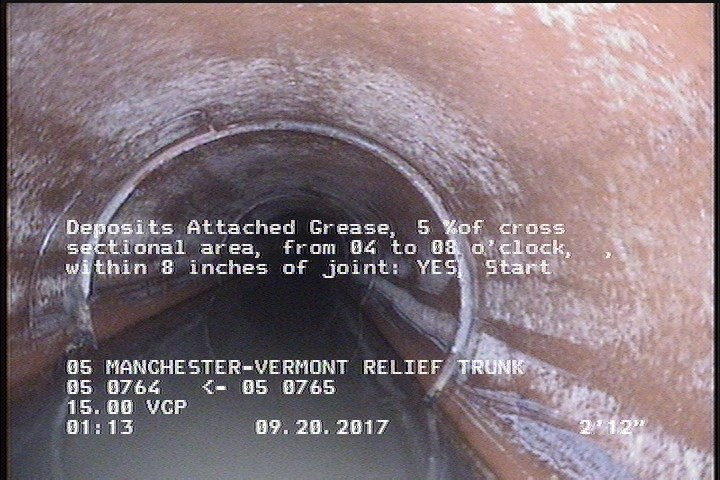 Deposits Attached Grease, 5 %of cross sectional area, from 04 to 08 o'clock, , within 8 inches of joint: YES, Start