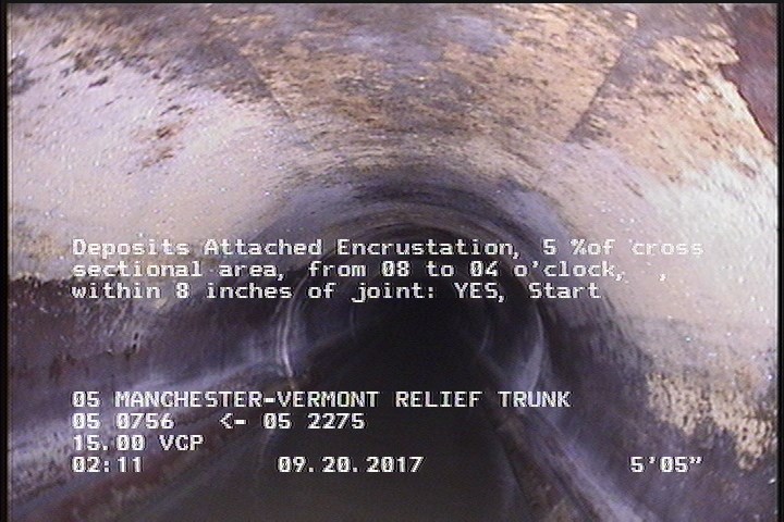 Deposits Attached Encrustation, 5 %of cross sectional area, from 08 to 04 o'clock, , within 8 inches of joint: YES, Start