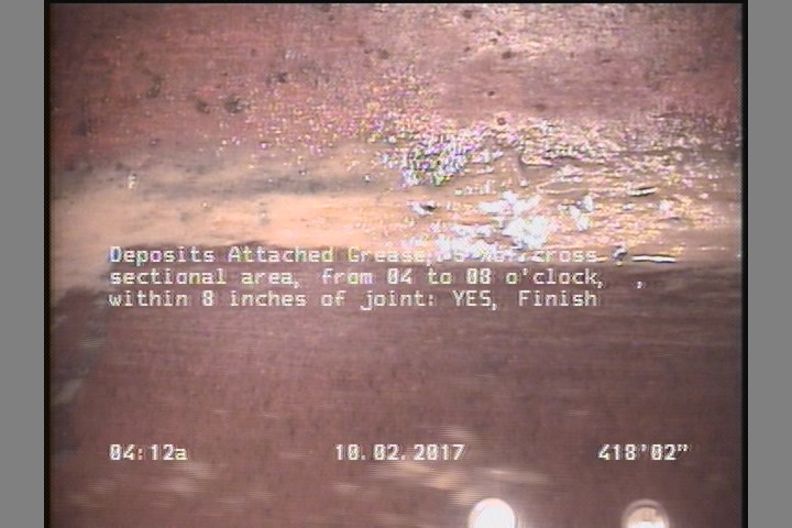 Deposits Attached Grease, 5 %of cross sectional area, from 04 to 08 o'clock, , within 8 inches of joint: YES, Finish