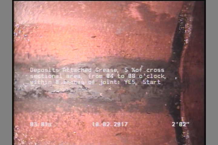Deposits Attached Grease, 5 %of cross sectional area, from 04 to 08 o'clock, , within 8 inches of joint: YES, Start