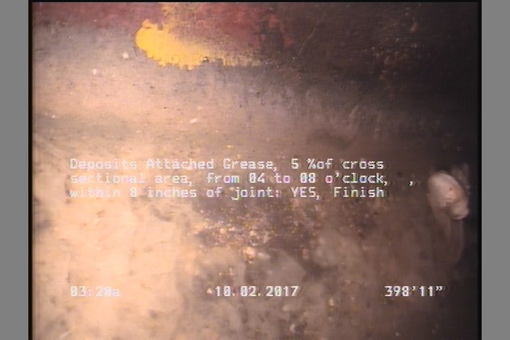 Deposits Attached Grease, 5 %of cross sectional area, from 04 to 08 o'clock, , within 8 inches of joint: YES, Finish
