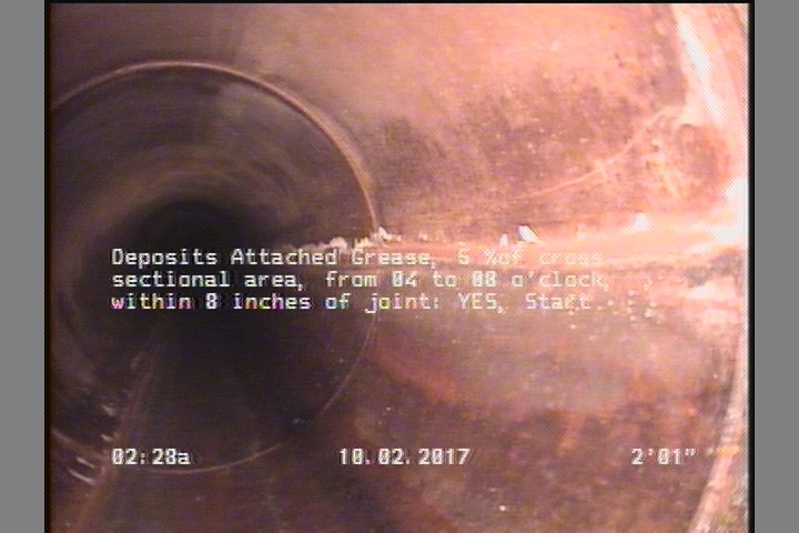 Deposits Attached Grease, 5 %of cross sectional area, from 04 to 08 o'clock, , within 8 inches of joint: YES, Start