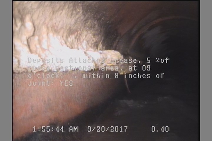Deposits Attached Grease, 5 %of cross sectional area, at 09 o'clock, , within 8 inches of joint: YES