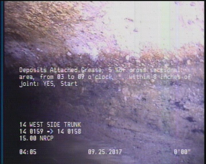 Deposits Attached Grease, 5 %of cross sectional area, from 03 to 09 o'clock, , within 8 inches of joint: YES, Start