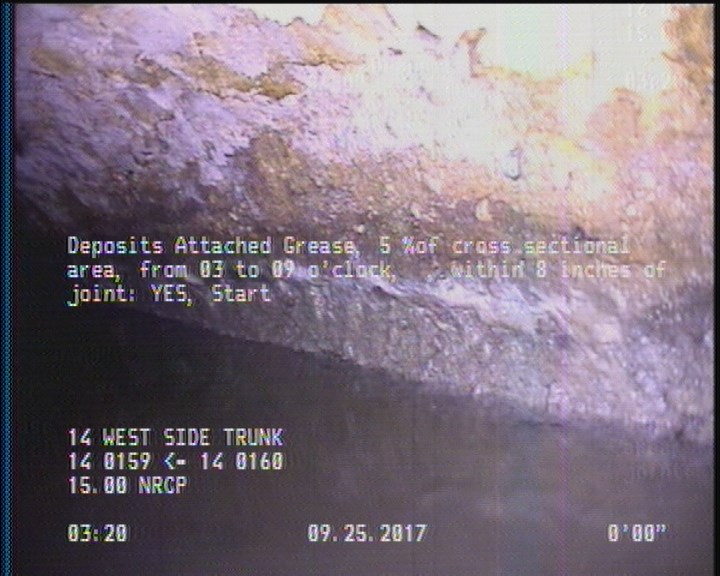 Deposits Attached Grease, 5 %of cross sectional area, from 03 to 09 o'clock, , within 8 inches of joint: YES, Start
