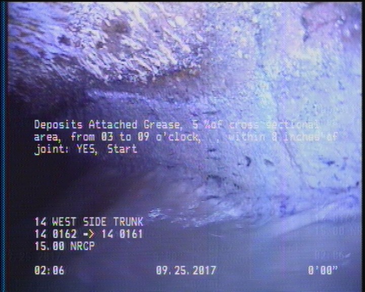 Deposits Attached Grease, 5 %of cross sectional area, from 03 to 09 o'clock, , within 8 inches of joint: YES, Start