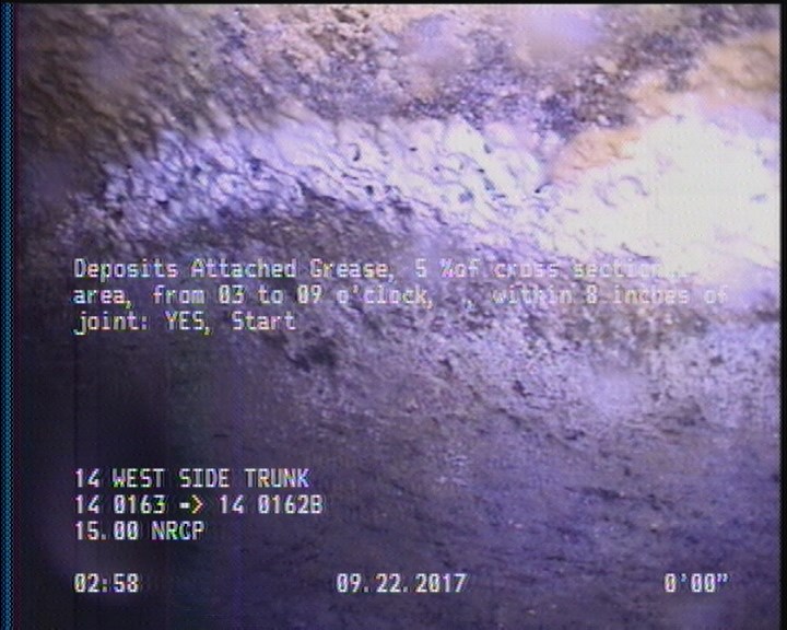 Deposits Attached Grease, 5 %of cross sectional area, from 03 to 09 o'clock, , within 8 inches of joint: YES, Start