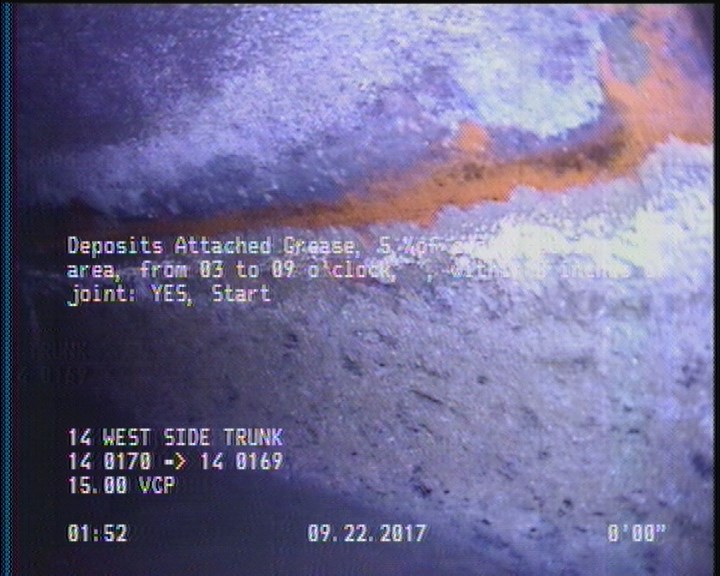 Deposits Attached Grease, 5 %of cross sectional area, from 03 to 09 o'clock, , within 8 inches of joint: YES, Start