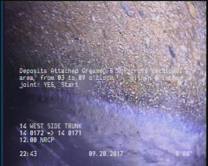 Deposits Attached Grease, 5 %of cross sectional area, from 03 to 09 o'clock, , within 8 inches of joint: YES, Start